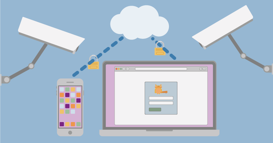 An illustration of a laptop and a smartphone that are connected to the cloud and are guarded by two security cameras.