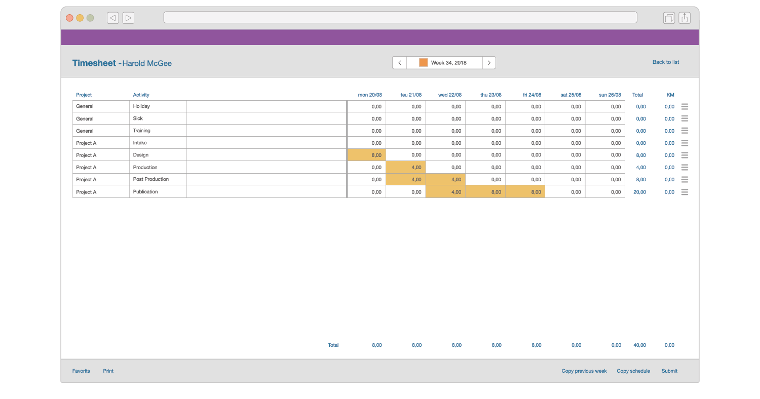 An illustration of the time sheet feature showing the actual spend hours of a resource