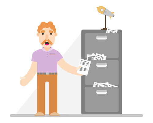 An illustration of a person that is standing next to a filling cabinet that is holding a piece a paper.