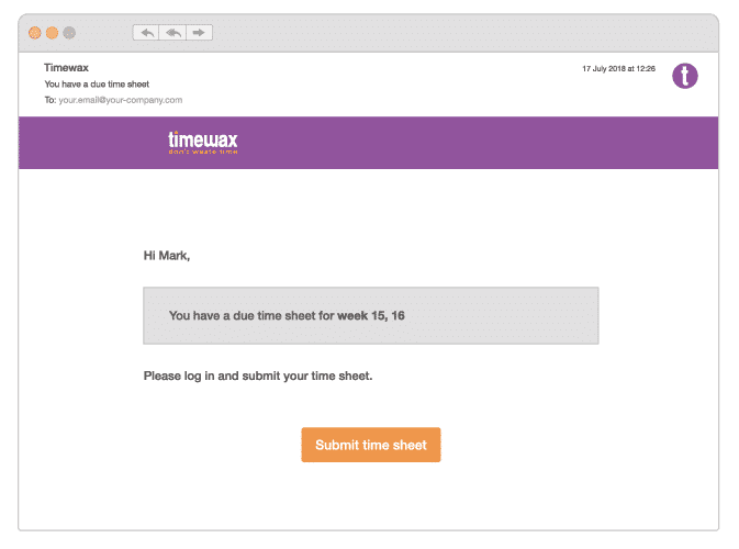 An illustration of a reminder email you can receive when you forgot to submit a time sheet.