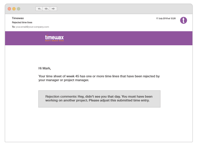 An illustration of rejection email you can send when a time sheet is incorrect.