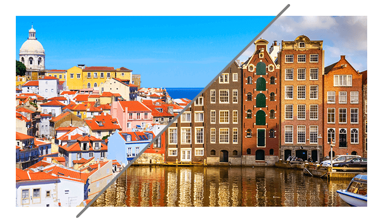 A shared image of Amsterdam and Lisbon, two cities where Timewax has an office.