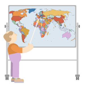 An illustration of a a man show locations on a map.