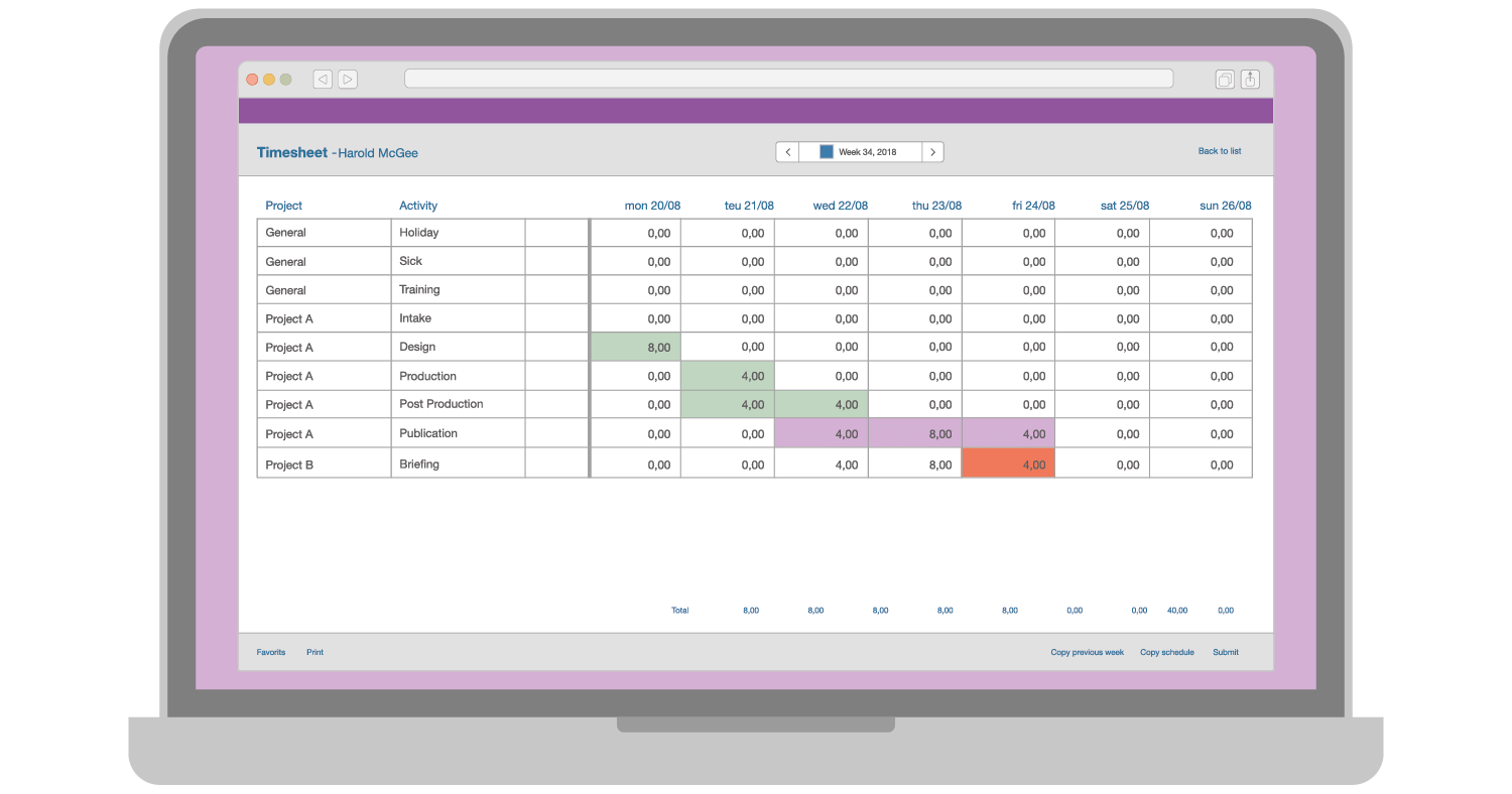 An illustration of a laptop displaying the time sheet feature in a browser window.