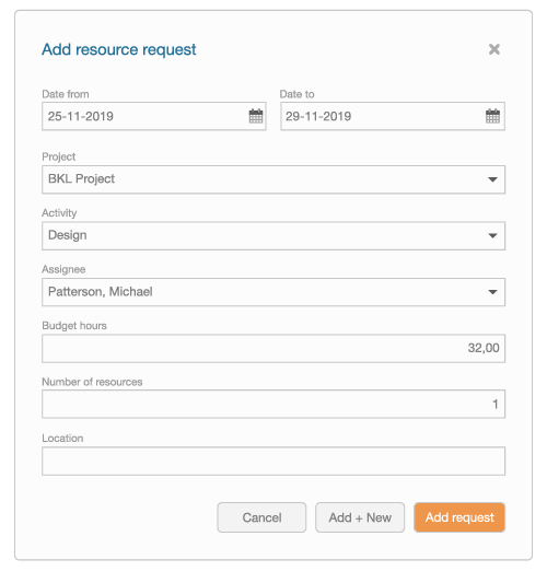 An illustration of the form with which you can add a request for employees to a project.