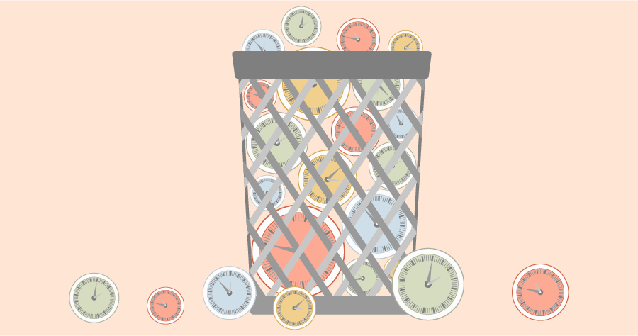 An illustration of a trash bin filled with different colours of clocks