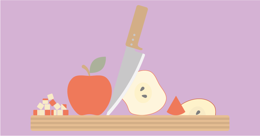 An illustration of a cutting board, pieces of an apple and a knife