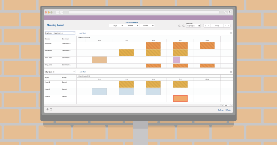 An illustration of a monitor showing a digital planning board while hanging on the wall