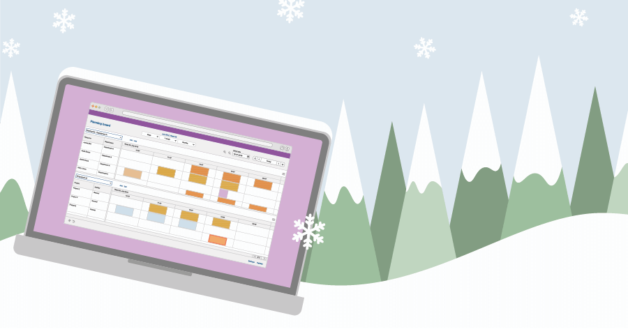 An illustration of a laptop laying in the snow with a digital planning board on its screen.