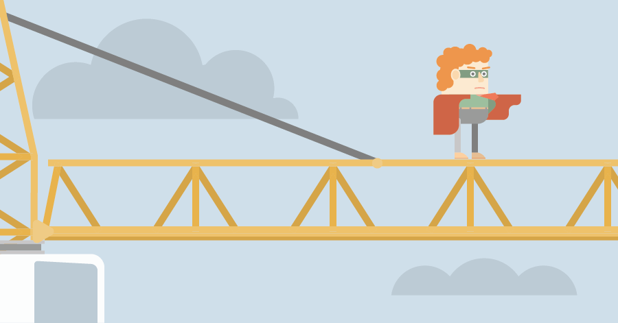 An illustration of construction project manager standing on top of a construction crane.