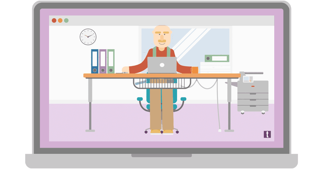 Illustration of a guy working behind his desk in a Macbook frame
