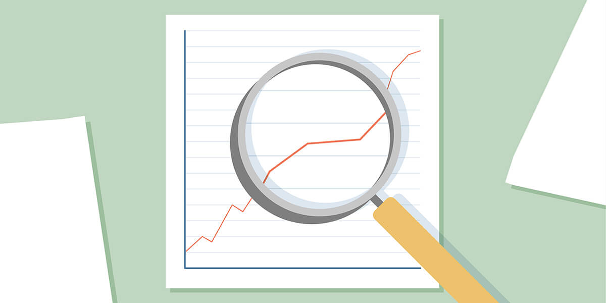 Illustration of a magnifying glass studying a line chart