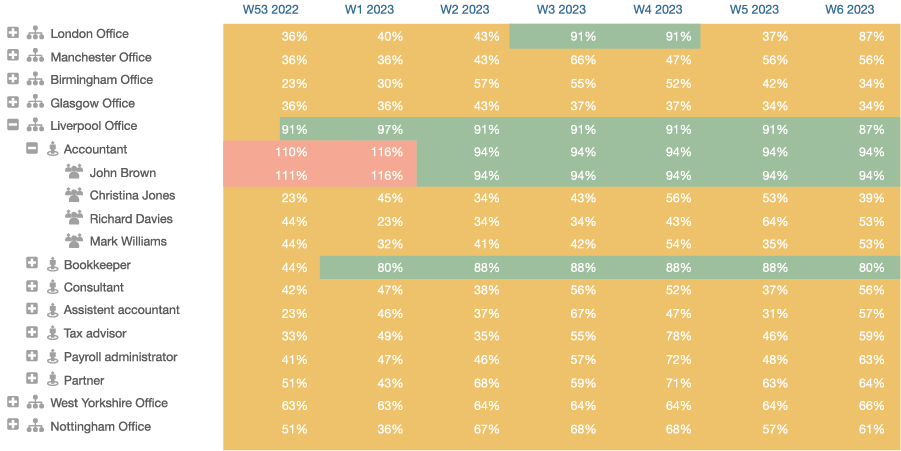 Illustration of the utilization feature in Timewax that gives insight into the productivity