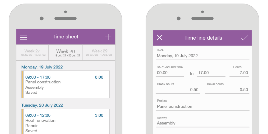 Illustration of time sheets in the Timewax mobile app