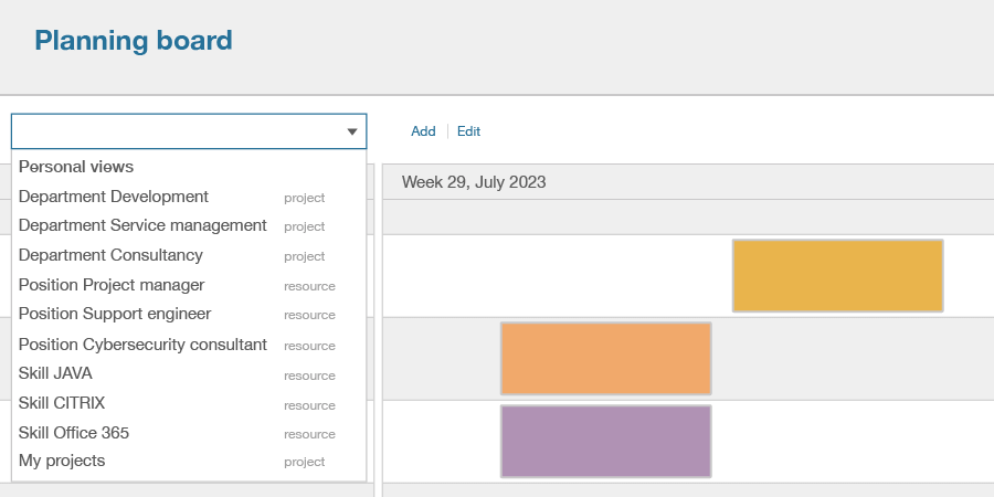 Illustration of using views in the Timewax planning board