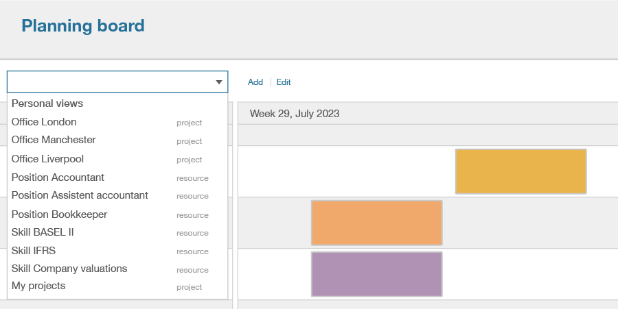 Illustration of using views in the Timewax planning board