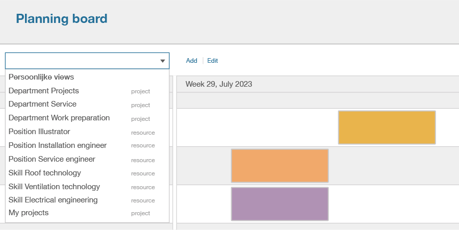 Illustration of using views in the Timewax planning board