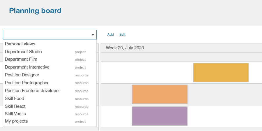 Illustration of using views in the Timewax planning board