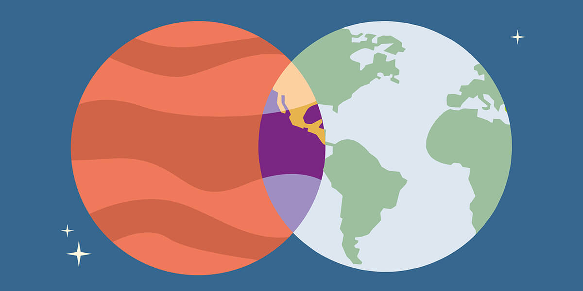 Illustratie van twee planeten die over elkaar heen schuiven