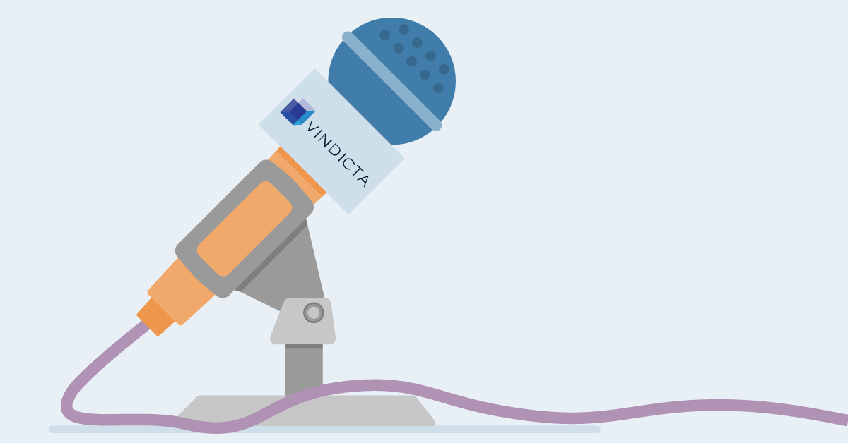 Illustration of a microphone with the Vindicta logo